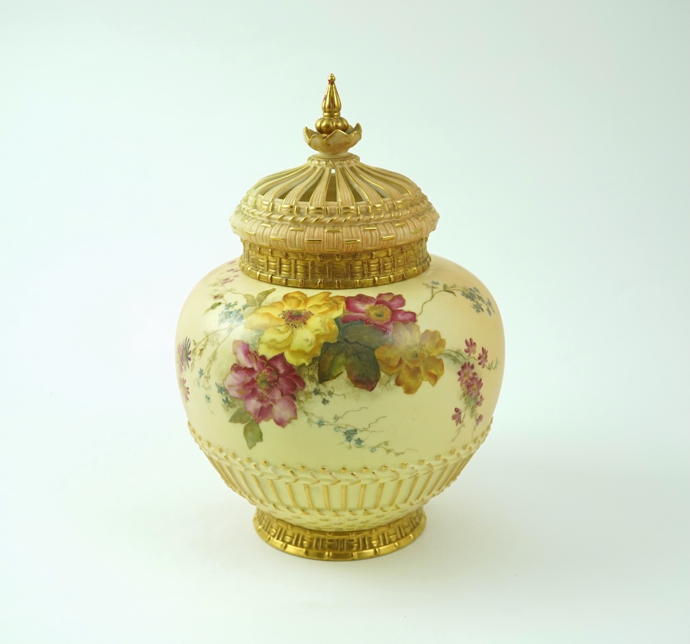 A Royal Worcester blush ivory pot pourri, cover and liner, c.1896